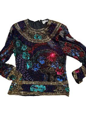 Black Tie Blouse Black Silk Colorful Beaded Sequin Sz Medium Wearable Art VTG